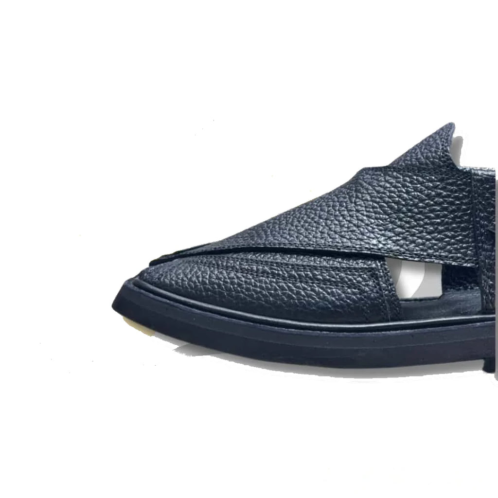 Black Dotted Takidar Medium Sole Peshawari Chappal - view 3