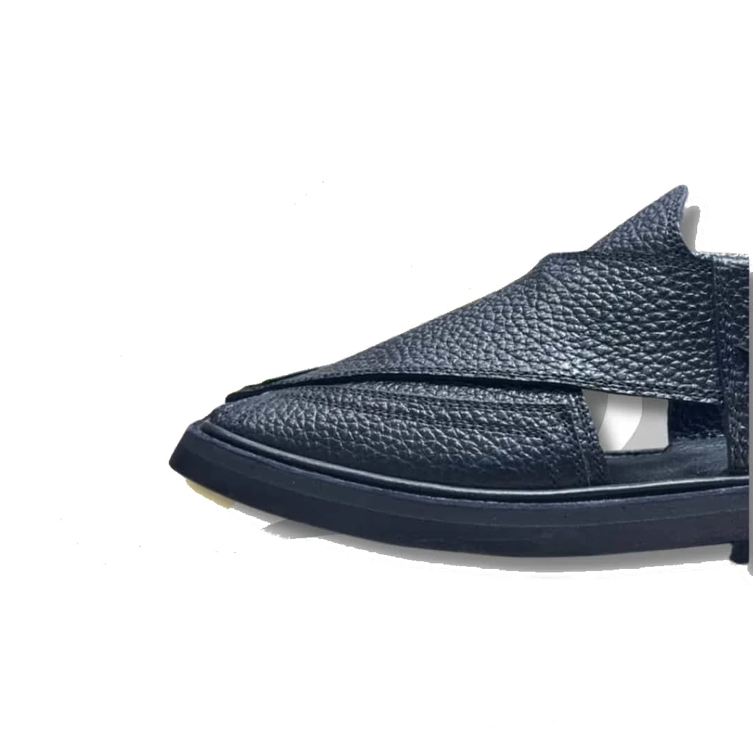 Black Dotted Takidar Medium Sole Peshawari Chappal - view 3