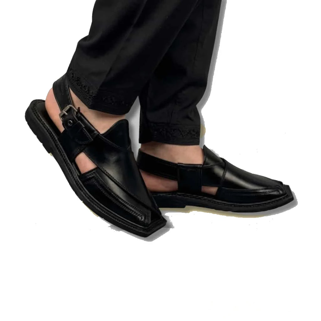Black Double Gear Takidar T-Shape Peshawari Chappal - view 2