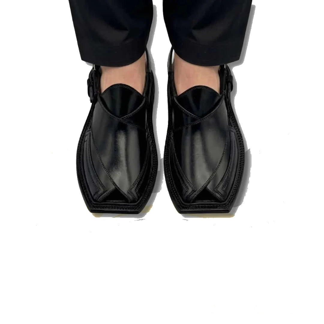 Black Double Gear Takidar T-Shape Peshawari Chappal