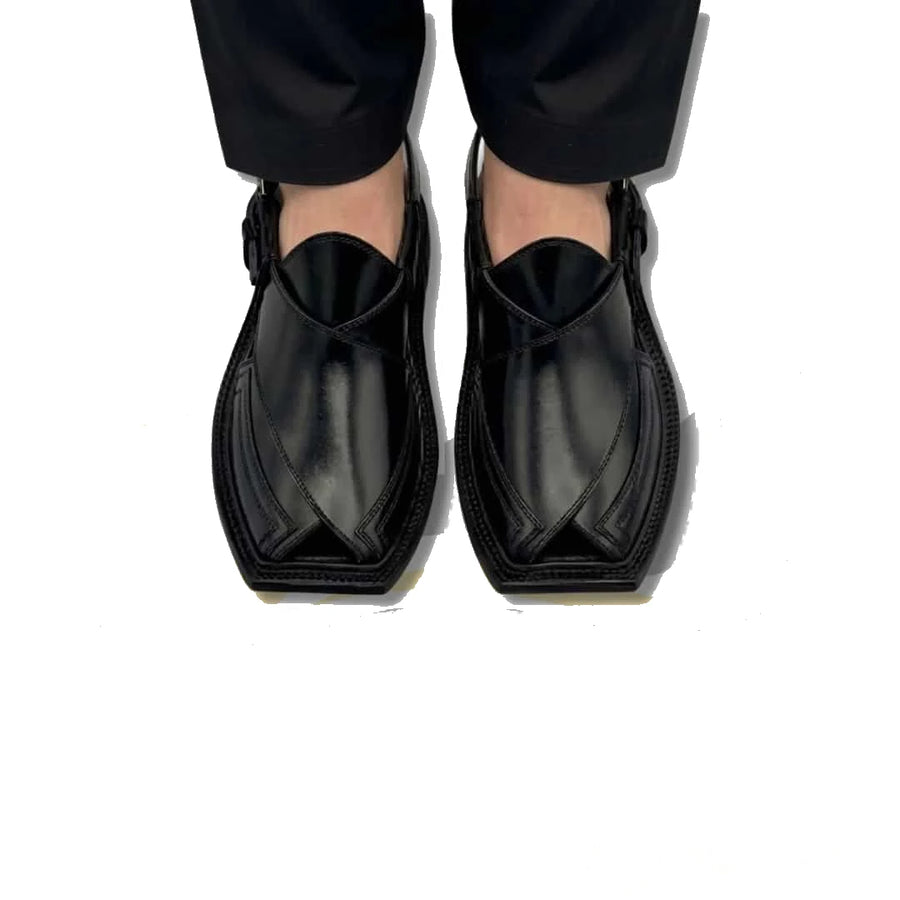 Black Double Gear Takidar T-Shape Peshawari Chappal