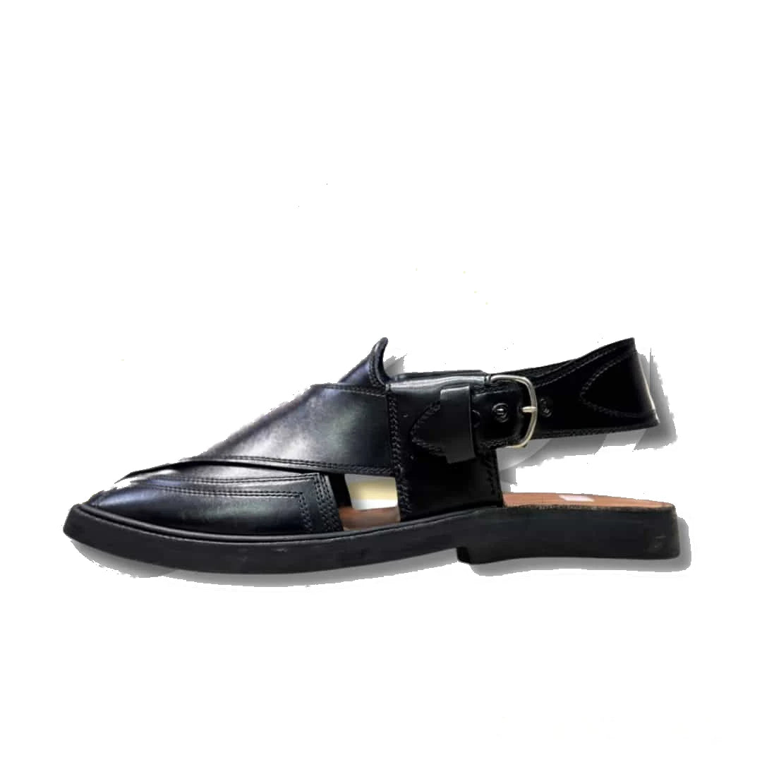 Black Medium Sole Takidar Peshawari Chappal - view 3