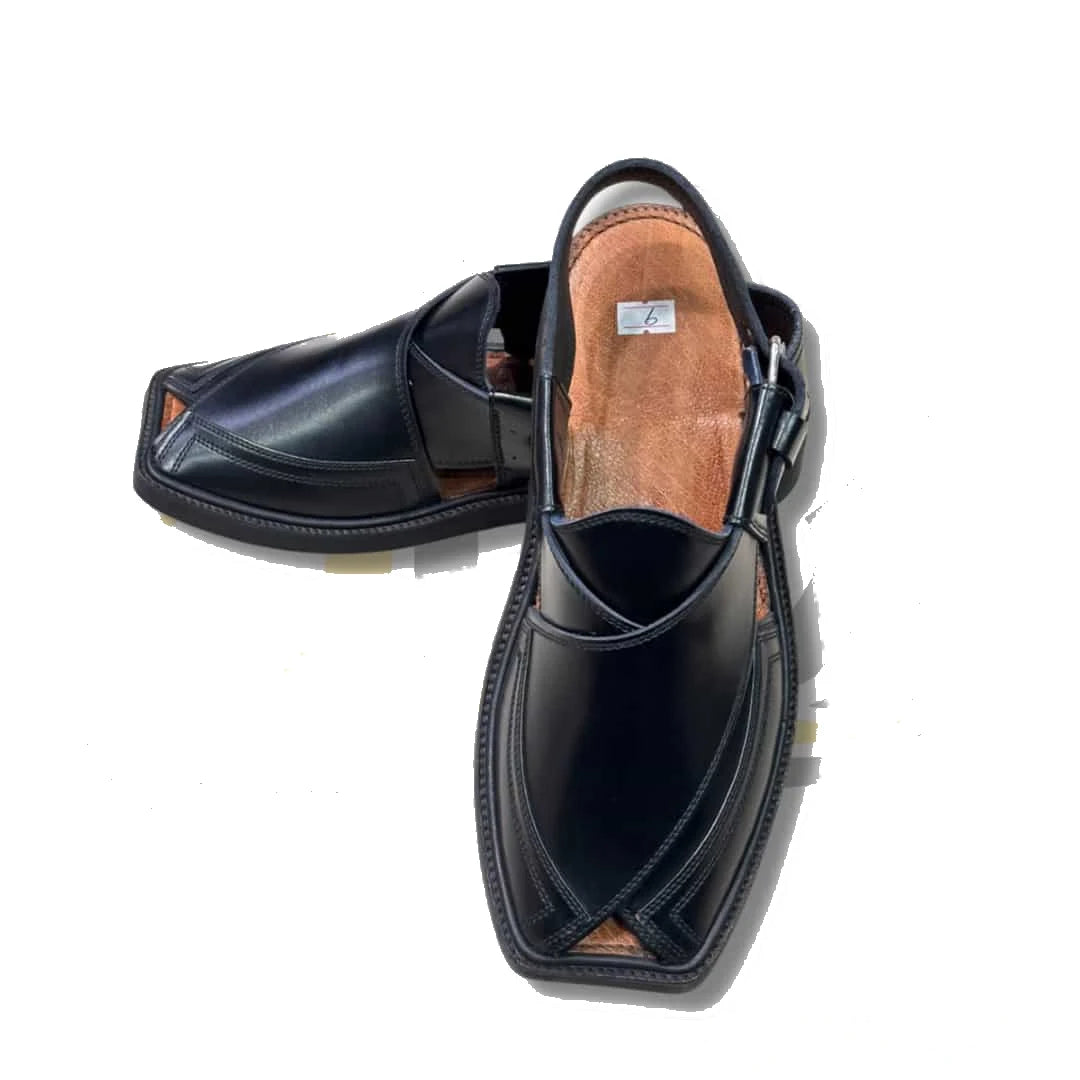 Black Medium Sole Takidar Peshawari Chappal - view 2