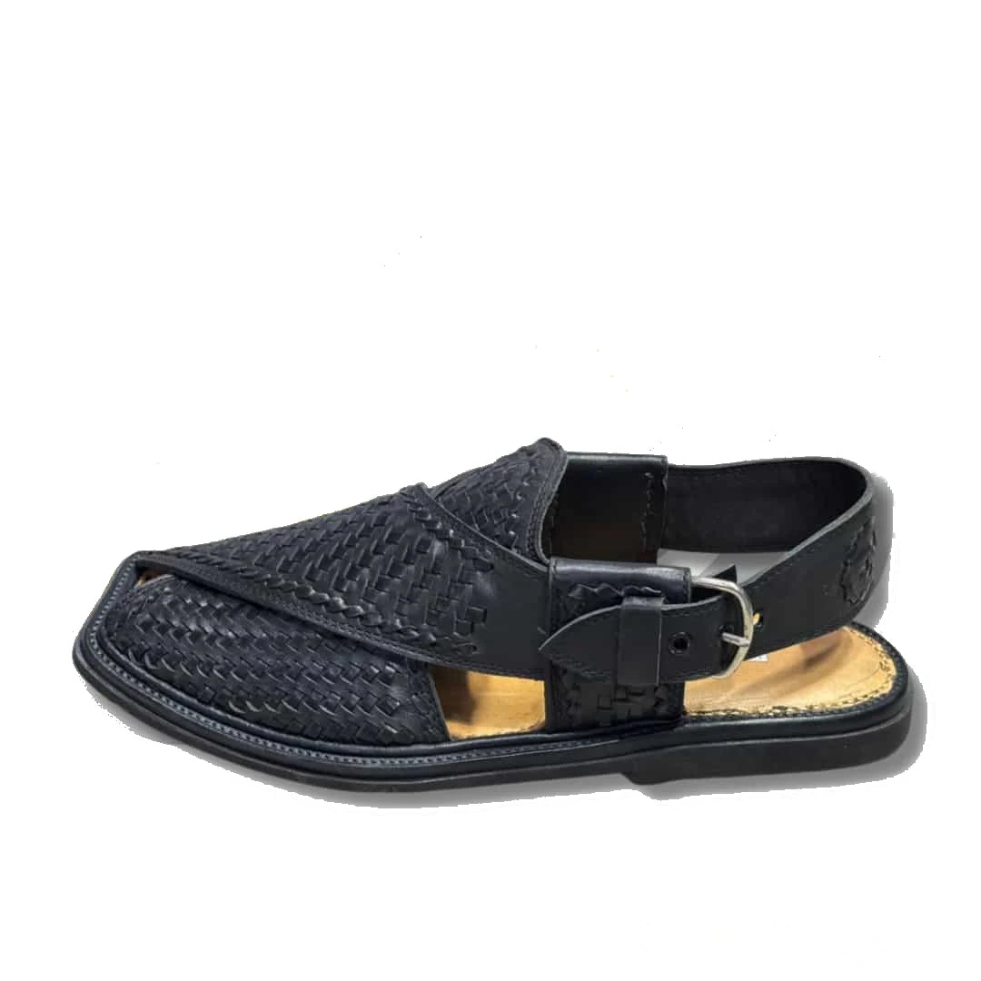 Black Woven Gol-T Peshawari Chappal - view 3