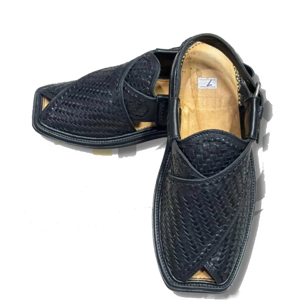Black Woven Gol-T Peshawari Chappal - view 2