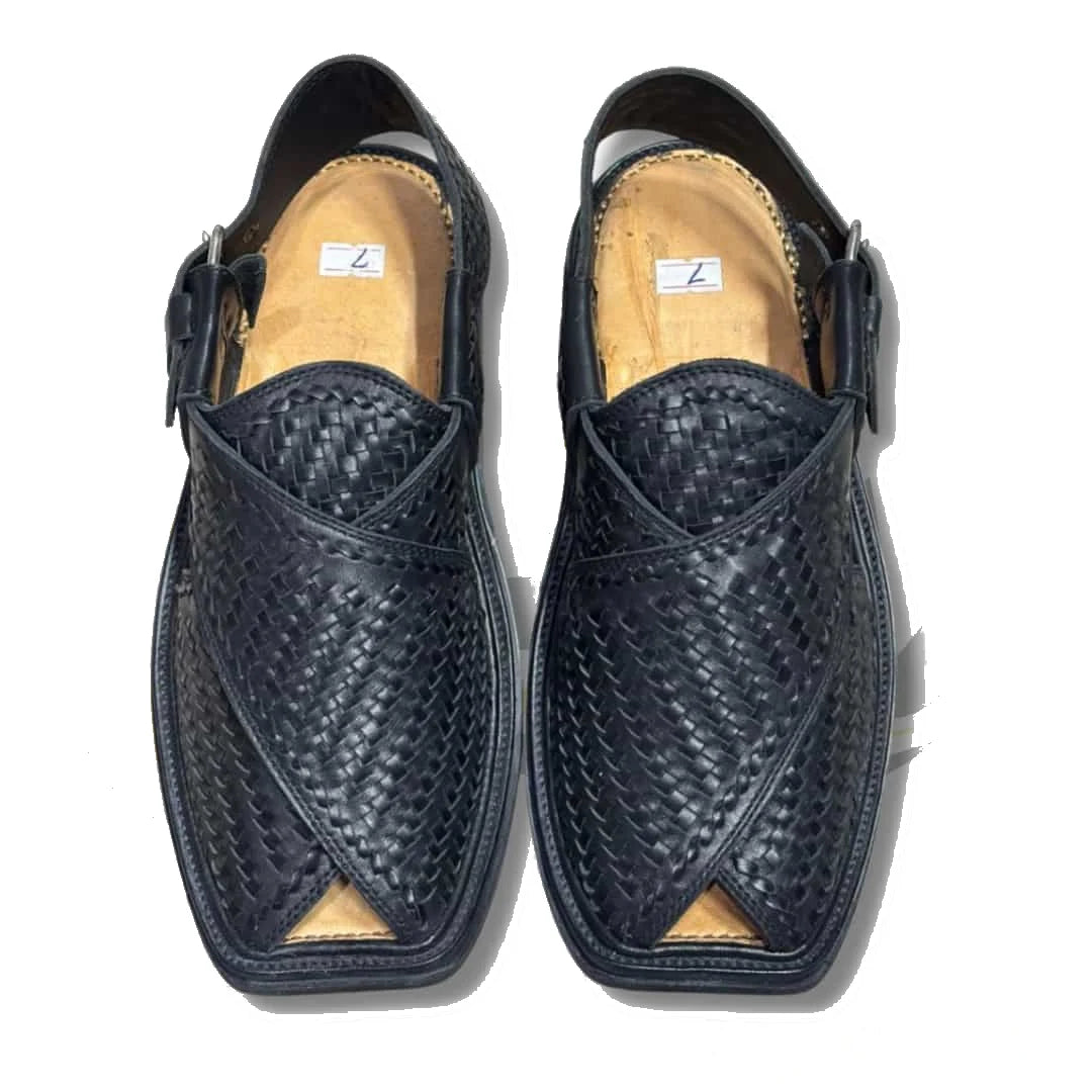 Black Woven Gol-T Peshawari Chappal