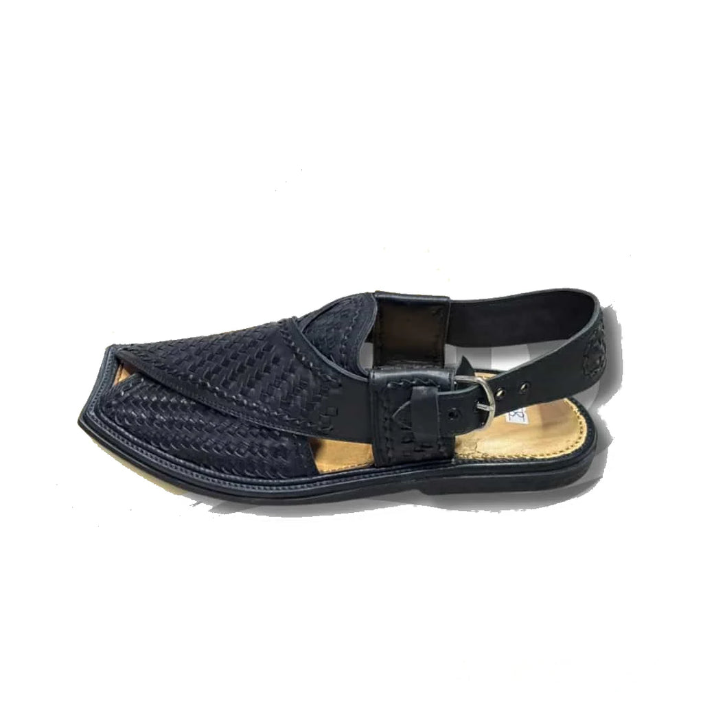 Black Woven T-Shape Peshawari Chappal - view 4