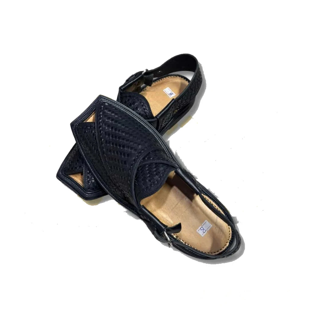 Black Woven T-Shape Peshawari Chappal - view 3