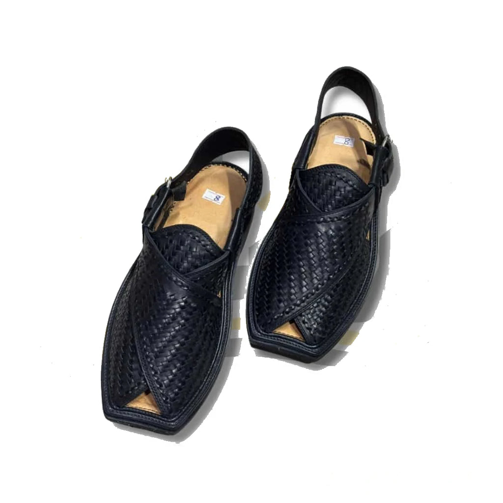 Black Woven T-Shape Peshawari Chappal - view 2