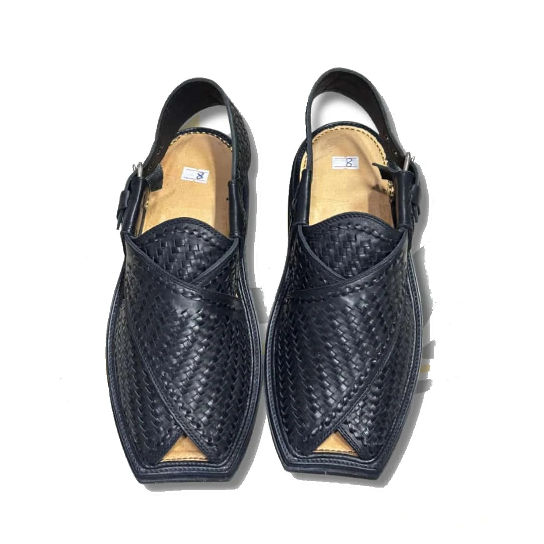 Black Woven T-Shape Peshawari Chappal