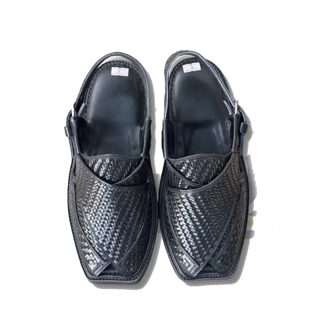 Black Woven Takidar Peshawari Chappal - Medium Sole - view 3