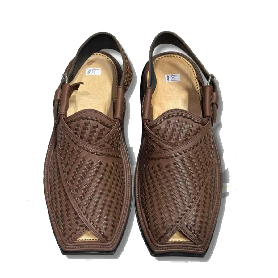 Brown Woven T-Shape Peshawari Chappal
