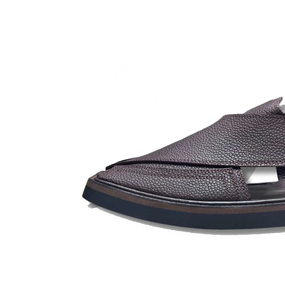 Dark Brown Dotted Takidar Medium Sole Peshawari Chappal - view 4