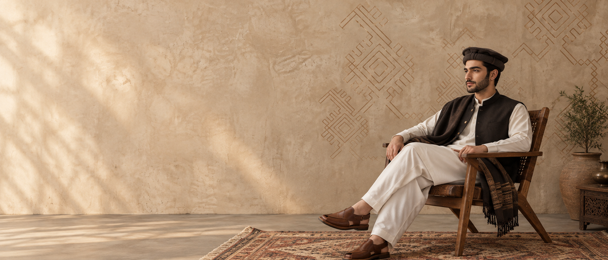 KhanCrafts model in white shalwar kameez, waistcoat, Pakol Cap and Peshawari Chappals seated on a wooden chair