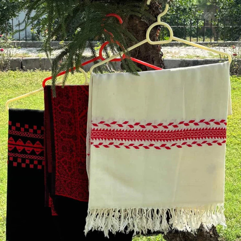 Ladies Off-White Pashmina Shawl with Red Border - view 2